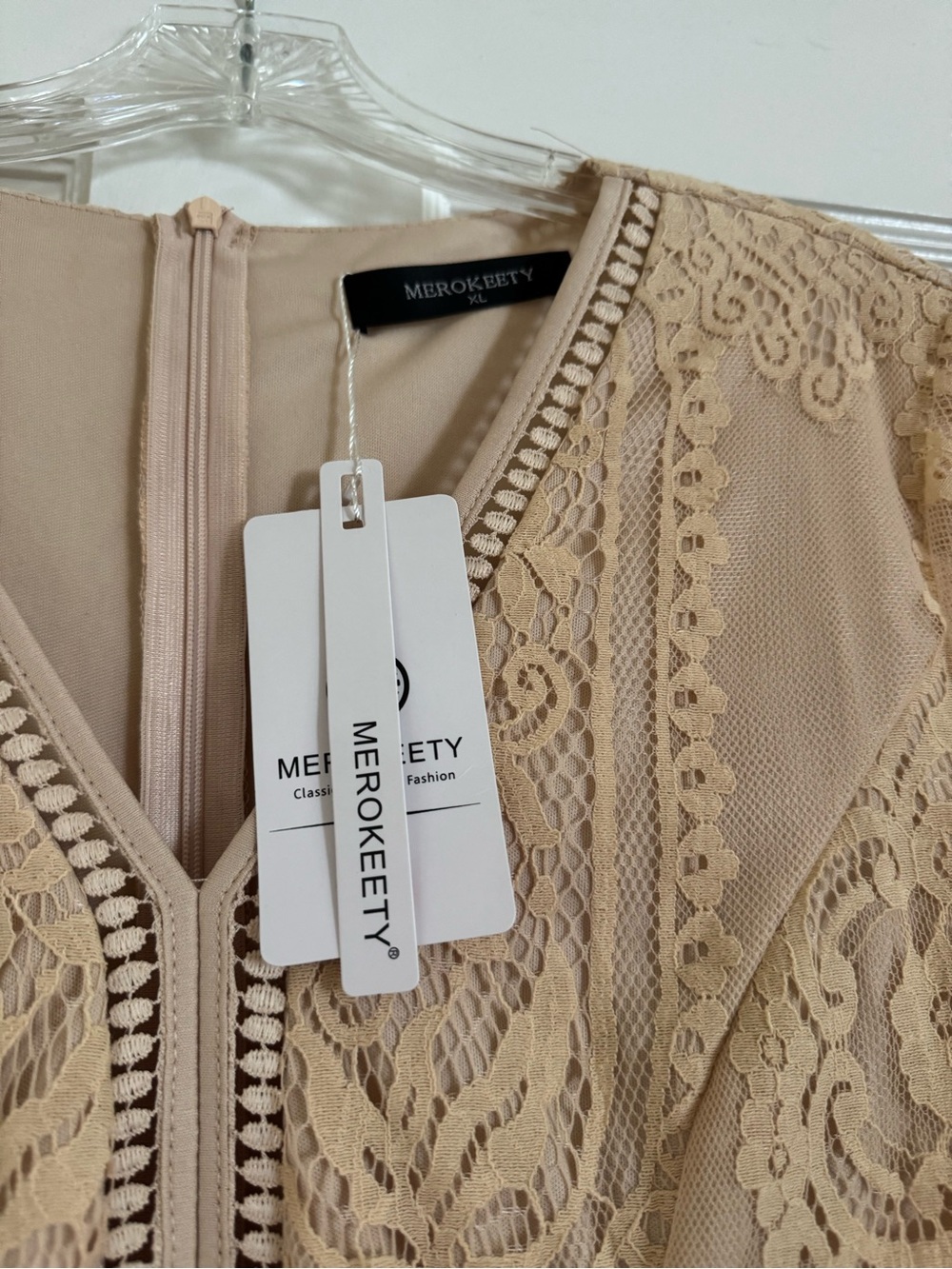 MEROKEETY - Beige Floral Lace Maxi Dress - Picture 2 of 9